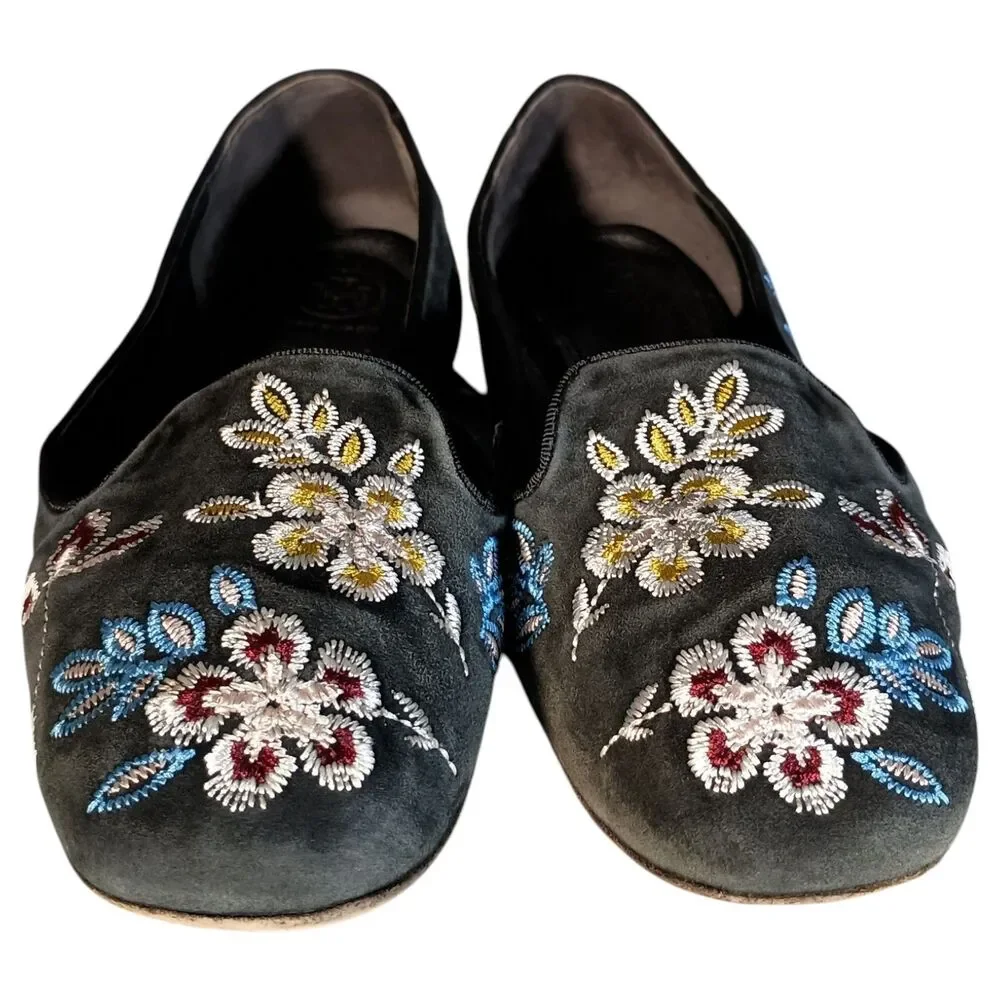 Tory Burch Black Floral Embroidered Smoking Slippers Flat Shoe Loafer Leather 9